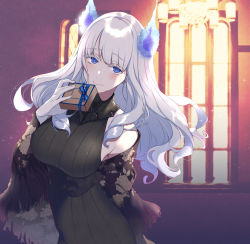 Rule 34 | 1girl, armpit peek, black dress, blue eyes, box, breasts, chandelier, dress, energy horns, highres, holding, holding box, indie virtual youtuber, large breasts, leaning to the side, looking at viewer, off shoulder, pochi (pochi-goya), ribbed sweater, silver hair, smile, solo, sweater, sweater dress, valentine, virtual youtuber, yukimaru kyuu