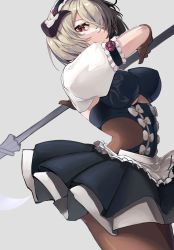 Rule 34 | 1girl, benghuai xueyuan, black pantyhose, breasts, eyebrow piercing, grey background, grey hair, hair over one eye, highres, holding, holding polearm, holding weapon, honkai (series), honkai impact 3rd, incoming attack, looking at viewer, maid, maid headdress, pantyhose, piercing, polearm, red eyes, reibun (raven1119), rita rossweisse, rita rossweisse (umbral rose), short hair, simple background, skirt, solo, spear, thighhighs, weapon