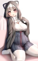 Rule 34 | 1girl, animal ears, animal hood, black skirt, blush, breasts, fake animal ears, hand up, high-waist skirt, highres, hood, hoodie, jewelry, large breasts, long hair, long sleeves, looking at viewer, necklace, no shoes, original, pantyhose, parted lips, pleated skirt, red eyes, red ribbon, reinama, ribbon, shirt, shirt tucked in, sidelocks, sitting, skirt, solo, taut clothes, taut shirt, turtleneck, wariza, white hair, white pantyhose, white shirt