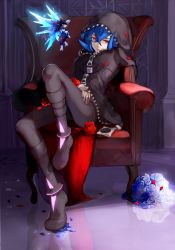 Rule 34 | 10s, 1boy, anklet, bad id, bad pixiv id, blue flower, blue hair, blue rose, bouquet, chair, danball senki, danball senki w, expressionless, fairy, flower, flying, full body, glowing, hood, hoodie, indoors, jewelry, looking at viewer, male focus, oozora hiro, parted lips, petals, red eyes, red upholstery, reflection, rojer18, rose, sitting, solo, throne, wings, zipper