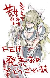 Rule 34 | 1girl, armor, axe, battle axe, blonde hair, blood, blood on breasts, blood on face, bloody weapon, blue eyes, bow, breasts, charlotte (fire emblem), cleavage, fire emblem, fire emblem fates, grin, hair bow, holding, holding axe, kozaki yuusuke, large breasts, long hair, navel, nintendo, simple background, smile, solo, translation request, weapon, white bow