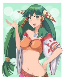 Rule 34 | 1girl, :d, aori sora, bare shoulders, blush, breasts, feena (grandia), grandia, grandia i, green background, green eyes, green hair, hair ornament, hair tubes, hand on own hip, jewelry, long hair, looking at viewer, low-tied long hair, medium breasts, midriff, navel, open mouth, pendant, smile, solo, wide sleeves