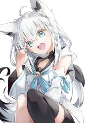 Rule 34 | 1girl, ahoge, animal ear fluff, animal ears, black bow, black shorts, black thighhighs, blue neckerchief, bow, braid, collarbone, commentary request, detached sleeves, earrings, extra ears, fox ears, fox girl, fox shadow puppet, fox tail, green eyes, hair between eyes, hair bow, highres, hololive, hood, hoodie, jewelry, knees up, long hair, looking at viewer, neckerchief, nmnkymd, open mouth, shirakami fubuki, short shorts, shorts, sidelocks, simple background, single braid, single thighhigh, solo, tail, thighhighs, virtual youtuber, white background, white hair, white hoodie