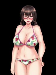 Rule 34 | 1girl, animated, bikini, breasts, changing clothes, cleavage, game, game cg, glasses, hand on own hip, highres, large breasts, looking at viewer, morino kuma, naughty face, navel, school uniform, simple background, skirt, swimsuit, video