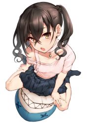 Rule 34 | 1girl, :o, black hair, black socks, blouse, blush, brown eyes, choker, collarbone, commentary, from above, full body, hair between eyes, hand on own thigh, highres, idolmaster, idolmaster cinderella girls, idolmaster cinderella girls starlight stage, kakaobataa, long hair, looking at viewer, mole, mole under eye, no shoes, off shoulder, open mouth, pink shirt, pleated skirt, shark, shirt, short sleeves, simple background, single bare shoulder, single strap, sitting, skirt, socks, solo, straddling, stuffed animal, stuffed shark, stuffed toy, sunazuka akira, twintails, wariza, white background