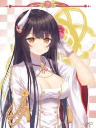 Rule 34 | 1girl, adjusting hair, arm at side, azur lane, bad id, bad pixiv id, bell, black hair, blunt bangs, blush, breasts, buttons, cleavage, cleavage cutout, closed mouth, clothing cutout, double-breasted, flower, gloves, hair bell, hair flower, hair ornament, hand in own hair, hand up, hiei (azur lane), highres, horns, jingle bell, kisshii (kic1224), long hair, long sleeves, looking at viewer, medium breasts, military, military uniform, multicolored background, red flower, red rose, rose, smile, solo, tareme, tassel, uniform, upper body, very long hair, white gloves, wide sleeves, yellow eyes