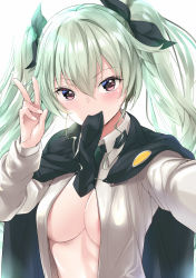 Rule 34 | 1girl, amasora taichi, anchovy (girls und panzer), anzio school uniform, black cape, black necktie, black ribbon, blush, cape, drill hair, girls und panzer, green hair, hair ribbon, highres, long hair, long sleeves, looking at viewer, mouth hold, necktie, necktie in mouth, open clothes, open shirt, purple eyes, ribbon, school uniform, selfie, shirt, simple background, smile, solo, twin drills, twintails, upper body, v, white background