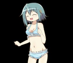 Rule 34 | 10s, 1girl, :d, animated, animated gif, bikini, blue hair, bouncing breasts, breasts, closed eyes, hair ornament, hairclip, hangaku, highres, mahou shoujo madoka magica, mahou shoujo madoka magica (anime), miki sayaka, navel, open mouth, running, short hair, small breasts, smile, solo, striped bikini, striped clothes, swimsuit, transparent background