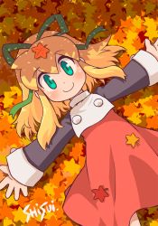 Rule 34 | 1girl, artist name, autumn leaves, blonde hair, closed mouth, commentary request, dress, green eyes, green ribbon, hair ribbon, leaf, leaf background, leaf on head, long hair, long sleeves, looking at viewer, lying, mega man (classic), mega man (series), on back, outstretched arms, ponytail, red dress, ribbon, roll (mega man), shisui, smile, solo, spread arms, upper body