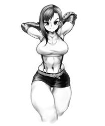Rule 34 | 1girl, armpits, arms behind head, arms up, belt, breasts, cleavage, crop top, elbow pads, final fantasy, final fantasy vii, greyscale, highres, kelvin hiu, large breasts, long hair, midriff, miniskirt, monochrome, navel, pencil skirt, single elbow pad, skirt, sleeveless, smile, solo, stomach, suspender skirt, suspenders, thick thighs, thigh gap, thighs, tifa lockhart, toned, traditional media