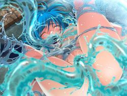 Rule 34 | ass, blue hair, blush, boots, breast slip, breasts, censored, closed eyes, covered erect nipples, fellatio, highres, knees to chest, large breasts, monster, nipple stimulation, nipple tweak, nipples, one breast out, open mouth, oral, panties, panty pull, restrained, slime, spread legs, tentacles, underwear, vaginal, wet
