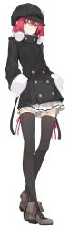 Rule 34 | 1girl, ariaria (netsuki), black thighhighs, casual, coat, female focus, full body, hands in pockets, hat, highres, looking at viewer, miruto netsuki, original, pleated skirt, red eyes, red hair, shoes, short hair, simple background, skirt, solo, standing, thighhighs, white background, zettai ryouiki