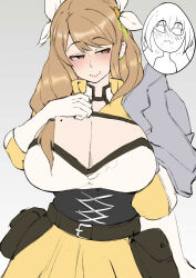 Rule 34 | absurdres, blush, breasts, brown eyes, cleavage, dress, fire emblem, fire emblem engage, goldmary (fire emblem), highres, inset, ironchocolate (deadalus7), large breasts, light brown hair, looking to the side, mole, mole on breast, nintendo, solo focus, yellow dress