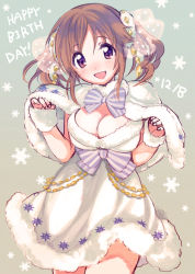 Rule 34 | 1girl, :d, amezawa koma, bow, bowtie, breasts, brown hair, capelet, cleavage, cowboy shot, dated, dress, fingernails, fur-trimmed capelet, fur trim, grey background, hands up, happy birthday, idolmaster, idolmaster cinderella girls, large breasts, looking at viewer, medium hair, ogata chieri, open mouth, purple bow, purple bowtie, purple eyes, smile, solo, standing, twintails, white capelet, white dress