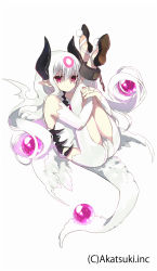 Rule 34 | 1girl, ass, dennou pandemic, dragon girl, highres, horns, hugging own legs, looking at viewer, miyoshino, orb, original, pointy ears, purple eyes, simple background, solo, tail, white background, white hair, wings