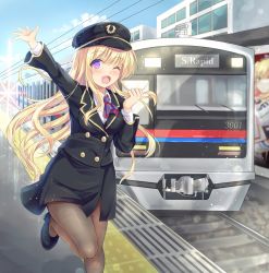 Rule 34 | 1girl, ;d, arm up, ascot, black footwear, black hat, black jacket, black skirt, blonde hair, blue sky, blush, brown pantyhose, building, cloud, collared shirt, commentary request, day, hair between eyes, hand up, hat, high heels, highres, jacket, long hair, long sleeves, looking at viewer, nagare yoshimi, one eye closed, open mouth, original, outdoors, outstretched arm, overhead line, pantyhose, peaked cap, purple eyes, railroad tracks, shirt, shoes, skirt, sky, smile, solo, standing, standing on one leg, striped ascot, striped neckwear, train, train conductor, train station, train station platform, uniform, very long hair, white shirt