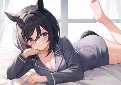Rule 34 | 1girl, animal ears, barefoot, black hair, blue eyes, blush, breasts, cleavage, closed mouth, collarbone, eishin flash (umamusume), foot up, highres, horse ears, horse girl, horse tail, large breasts, long sleeves, looking at viewer, lying, on stomach, pajamas, short hair, smile, soles, solo, tail, the pose, toes, umamusume, vococo, window