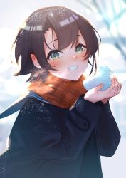 Rule 34 | 1girl, aqua eyes, bad id, bad pixiv id, bird, blue coat, blurry, blurry background, blush, brown hair, coat, commentary request, duck, grey background, grin, highres, hinata (hinata-ur), hololive, looking at viewer, oozora subaru, orange scarf, plaid, plaid scarf, sailor collar, scarf, short hair, smile, snow, snowman, solo, sparkle, upper body, virtual youtuber, winter clothes