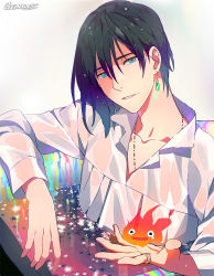 Rule 34 | 1boy, artist name, black hair, blue eyes, calcifer, collared shirt, earrings, gearous, howl, howl no ugoku shiro, jewelry, male focus, necklace, partially submerged, ring, shirt, single earring, smile, star (symbol), water