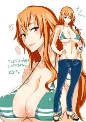 Rule 34 | 1girl, bare shoulders, bikini, bikini top only, blush, bracelet, breasts, brown eyes, covered erect nipples, curvy, denim, earrings, feet, hands on own hips, highres, hip focus, isao, jeans, jewelry, large breasts, legs, long hair, looking at viewer, midriff, nami (one piece), navel, one piece, orange hair, pants, pirate, sabaody archipelago, sandals, simple background, smile, solo, standing, swimsuit, tattoo, thighs, toes, translated, white background