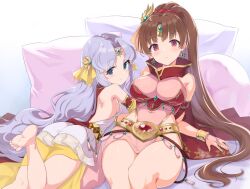 Rule 34 | 2girls, ass, backless dress, backless outfit, bare shoulders, barefoot, bed, belt, blue eyes, breasts, brown hair, circlet, cleavage, dress, earrings, artistic error, feet, fire emblem, fire emblem: mystery of the emblem, fire emblem: thracia 776, fire emblem heroes, hair ornament, highres, jewelry, large breasts, light purple hair, linde (fire emblem), long hair, looking at viewer, looking back, lying, multiple girls, nintendo, official alternate costume, on stomach, pera, pillow, ponytail, red eyes, sara (fire emblem), sara (khadein) (fire emblem), sideboob, small breasts, smile, thighs, wrong foot