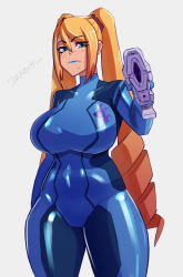 Rule 34 | 1girl, absurdres, aiming, aiming at viewer, alternate breast size, alternate hairstyle, artist name, blonde hair, blue bodysuit, blue eyes, blue lips, bodysuit, breasts, commentary, cosmikaizer, english commentary, grey background, gun, hair behind ear, highres, holding, holding gun, holding weapon, huge breasts, long hair, looking at viewer, metroid, mole, mole under mouth, nintendo, samus aran, simple background, skin tight, solo, thick thighs, thighs, twintails, very long hair, weapon, zero suit