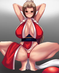 Rule 34 | 1girl, absurdres, breasts, fatal fury, frown, highres, large breasts, looking at viewer, ponytail, shiranui mai, solo, squatting