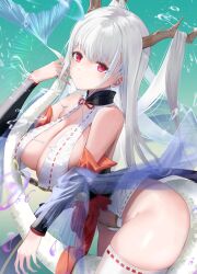 Rule 34 | 1girl, absurdres, azur lane, bare shoulders, breasts, detached sleeves, dragon girl, dragon horns, dragon tail, hair on horn, highres, horns, japanese clothes, large breasts, long hair, looking at viewer, navel, red eyes, revealing clothes, sankyo (821-scoville), shimanto (azur lane), sideboob, solo, tail, thighhighs, underwear, very long hair, white hair, white thighhighs