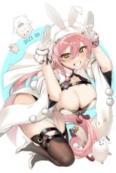Rule 34 | 1girl, 2023, animal ears, bare shoulders, black thighhighs, braid, breasts, cleavage, commentary request, detached sleeves, dress, fake animal ears, fur bracelet, gloves, grin, hair between eyes, high heels, highres, large breasts, leotard, long hair, looking at viewer, nun, o-ring, o-ring thigh strap, original, pelvic curtain, pink hair, playboy bunny, pom pom (clothes), rabbit, rabbit ears, shoes, side braid, single braid, smile, solo, tatsuma daisuke, teeth, thigh strap, thighhighs, very long hair, white dress, white footwear, white gloves, white sleeves, white veil, yellow eyes