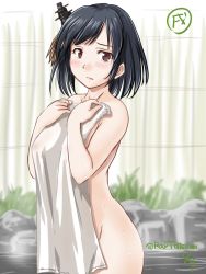 Rule 34 | 1girl, ass, bare shoulders, black hair, blush, breasts, brown eyes, covering privates, cowboy shot, dated, hair ornament, kantai collection, looking at viewer, medium breasts, naked towel, nude cover, short hair, solo, tatsumi ray, towel, twitter username, yamashiro (kancolle)