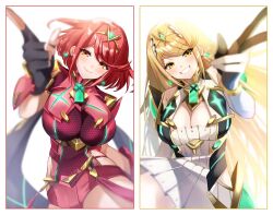 Rule 34 | 2girls, blonde hair, breasts, large breasts, multiple girls, mythra (xenoblade), ponfu y, pyra (xenoblade), red eyes, red hair, xenoblade chronicles (series), xenoblade chronicles 2