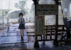 Rule 34 | 1girl, brown eyes, brown hair, cloud, cloudy sky, collared shirt, full body, holding, holding umbrella, loafers, looking at viewer, necktie, original, outdoors, plaid, plaid skirt, pleated skirt, railroad tracks, rain, sakeharasu, scenery, shirt, shoes, short hair, skirt, sky, sleeves rolled up, solo, striped necktie, train station, umbrella, wet, white shirt