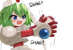 Rule 34 | 1girl, blue eyes, blush, bodysuit, commentary, covered navel, dokomon, english commentary, english text, fang, gloves, green hair, hair between eyes, highres, marina liteyears, open mouth, outstretched arms, red bodysuit, red gloves, shirt, simple background, skirt, solo, v-shaped eyebrows, wavy mouth, white background, white shirt, white skirt, yuke yuke!! trouble makers