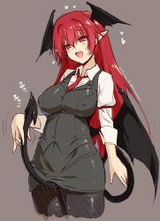 Rule 34 | 1girl, akazawa red, bad id, bad twitter id, between legs, black pantyhose, black skirt, breasts, commentary request, cowboy shot, dated, demon girl, demon tail, demon wings, head wings, heart, koakuma, large breasts, long hair, necktie, pantyhose, pointy ears, pussy juice, red eyes, red hair, red necktie, simple background, sketch, skirt, smile, solo, tail, tail between legs, touhou, twitter username, very long hair, wing collar, wings