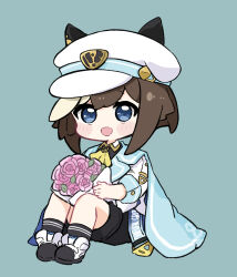 Rule 34 | 1girl, :d, animal ears, black shirt, black shorts, black socks, blue background, blue cape, blue eyes, blush stickers, bouquet, brown hair, cape, cheval grand (umamusume), chibi, chibi only, collared shirt, commentary request, ears through headwear, flower, full body, hair between eyes, hat, highres, horse ears, jacket, knees up, looking at viewer, multicolored hair, nozo (hitomiz), open mouth, peaked cap, pink flower, pink rose, rose, shirt, shoes, shorts, simple background, sitting, smile, socks, solo, two-tone hair, umamusume, white footwear, white hair, white hat, white jacket