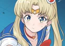 Rule 34 | 1girl, artist name, bishoujo senshi sailor moon, blonde hair, blue eyes, blue sailor collar, blurry, blurry background, choker, closed mouth, commentary, crescent, crescent earrings, depth of field, derivative work, diadem, earrings, frown, hair ornament, hair over shoulder, heart, heart choker, highres, jewelry, leotard, long hair, looking at viewer, meme, red choker, sailor collar, sailor moon, sailor moon redraw challenge (meme), sailor senshi uniform, screenshot redraw, short sleeves, signature, solo, sweatdrop, tsukino usagi, twintails, upper body, white leotard, zono (inokura syuzo029)
