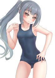 Rule 34 | 1girl, absurdres, alternate costume, blue one-piece swimsuit, breasts, brown eyes, grey hair, highres, kantai collection, kasumi (kancolle), long hair, looking at viewer, makura (y makura), navel, one-piece swimsuit, school swimsuit, side ponytail, simple background, small breasts, solo, swimsuit, variant set, white background