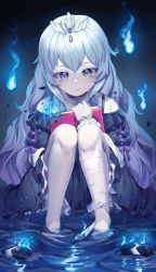 Rule 34 | 1girl, bandaged leg, bandages, bare shoulders, black choker, black dress, blush, book, check copyright, choker, collarbone, commentary, copyright request, crown, dress, fire, frills, gem, hair between eyes, hair ornament, highres, holding, holding book, in water, long hair, long sleeves, looking at viewer, original, pale skin, purple eyes, purple ribbon, ribbon, sitting, solo, suigetsu (hjs1106), tears, white hair