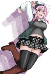 Rule 34 | 1girl, blush, boots, breasts, deni m, headphones, highres, jumping, large breasts, long hair, looking at viewer, navel, nitroplus, open mouth, pink eyes, pink hair, smile, solo, super sonico, thighhighs