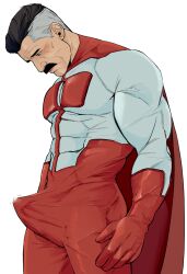 Rule 34 | 1boy, bara, black hair, bodysuit, bonjourdraws, bulge, closed mouth, erection, erection under clothes, facial hair, grey hair, highres, invincible (series), large pectorals, male focus, mature male, multicolored hair, muscular, muscular male, mustache, nolan grayson, pectorals, red bodysuit, short hair, simple background, solo, two-tone bodysuit, two-tone hair, white background, white bodysuit