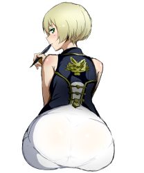 Rule 34 | 10s, 1girl, amano don, ass, bad id, bad pixiv id, bare shoulders, blonde hair, blush, bob cut, fran (god eater), fran francois francesca de bourgogne, from behind, god eater, god eater 2: rage burst, green eyes, hair between eyes, highres, holding, huge ass, leaning forward, light smile, looking at viewer, looking back, naughty face, pantylines, parted lips, pen, profile, short hair, simple background, sitting, sketch, sleeveless, solo, white background