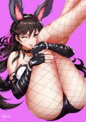 Rule 34 | 1girl, :p, animal ears, ass, atago (azur lane), azur lane, bad id, bad twitter id, black gloves, black hair, black pantyhose, blush, breasts, brown eyes, choker, closed mouth, commentary request, detached collar, earrings, elbow gloves, extra ears, fake animal ears, fingerless gloves, fishnet pantyhose, fishnets, gloves, gold, hair between eyes, hair ribbon, headband, highres, holding legs, hoop earrings, jewelry, large breasts, leotard, long hair, looking at viewer, mole, mole under eye, nail polish, o-ring, one eye closed, own hands together, pantyhose, pink background, pink nails, playboy bunny, purple background, purple ribbon, rabbit ears, reclining, ribbon, sakiyamama, signature, simple background, smile, solo, studded, swept bangs, tongue, tongue out, very long hair