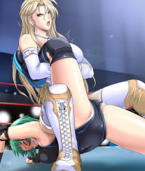 Rule 34 | 2girls, ass, blonde hair, blue eyes, blush, boots, breasts, chris morgan, digdug006, elbow pads, closed eyes, flexible, green hair, knee boots, knee pads, kotobuki zero, legs, leotard, long hair, multiple girls, open mouth, pain, ryona, short hair, shoulder pads, spread legs, submission, submission hold, sweat, tears, thigh boots, thighhighs, thighs, wrestle angels, wrestle angels survivor, wrestle angels survivor 2, wrestling, wrestling outfit