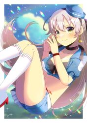 Rule 34 | 1girl, ass, black hairband, blue headwear, blue jacket, blue shorts, blurry, blurry background, blush, breasts, cleavage, closed mouth, collarbone, commentary request, cropped jacket, depth of field, earrings, eiyuu densetsu, elie macdowell, feet out of frame, glint, green eyes, grey hair, hair between eyes, hairband, hands up, hat, jacket, jewelry, kneehighs, knees together feet apart, knees up, kou hiyoyo, long hair, medium breasts, mini hat, puffy short sleeves, puffy sleeves, red footwear, short shorts, short sleeves, shorts, smile, socks, solo, steepled fingers, tilted headwear, very long hair, white socks, zero no kiseki