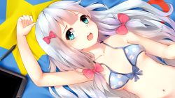 Rule 34 | 10s, 1girl, aqua eyes, arm up, bare arms, bare shoulders, bed sheet, bikini, blush, bow, breasts, buck teeth, collarbone, drawing tablet, eromanga sensei, from above, gradient hair, hair bow, hair ornament, hair ribbon, highres, ilham, izumi sagiri, light purple hair, long hair, looking at viewer, lying, multicolored hair, navel, on back, on bed, open mouth, pink bow, ribbon, round teeth, sidelocks, silver hair, small breasts, solo, star (symbol), stylus, swimsuit, teeth, upper body, upper teeth only
