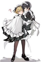 Rule 34 | 2boys, ?, bishounen, black footwear, black gloves, black hair, blonde hair, brown pantyhose, carrying, crossdressing, full body, gloves, ground, highres, limbus company, maid, maid headdress, male focus, mu46016419, multiple boys, pantyhose, princess carry, project moon, shoes, short hair, simple background, sinclair (project moon), standing, thighhighs, trap, yi sang (project moon)