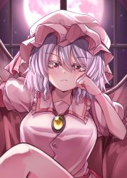 Rule 34 | 1girl, bat wings, closed mouth, frown, full moon, hat, highres, indoors, looking at viewer, mahoro (minase mahoro), mob cap, moon, pink hat, puffy sleeves, purple hair, red eyes, remilia scarlet, short hair, sitting, solo, touhou, upper body, window, wings