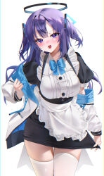 Rule 34 | 1girl, :o, absurdres, alternate costume, apron, black dress, blue archive, blush, breasts, center frills, dress, educk, enmaided, frilled apron, frills, halo, highres, jacket, jacket partially removed, looking at viewer, maid, medium breasts, puffy short sleeves, puffy sleeves, purple eyes, purple hair, short sleeves, simple background, solo, thighhighs, two-sided fabric, two-sided jacket, two side up, waist apron, white apron, white background, white thighhighs, yuuka (blue archive)