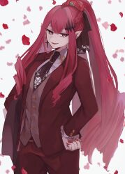 Rule 34 | 1girl, aomattya, baobhan sith (fate), black necktie, cross, cross earrings, earrings, falling petals, fang, fate/grand order, fate (series), flower, formal, grey eyes, hair flower, hair ornament, hair ribbon, hand on own hip, highres, jacket, jewelry, long hair, looking at viewer, nail polish, necktie, pants, petals, pink hair, pointy ears, ponytail, red jacket, red necktie, red pants, ribbon, sidelocks, smile, solo, suit, white background