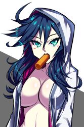 Rule 34 | 1girl, ahoge, aqua eyes, blue hair, blush, blush stickers, breasts, center opening, collarbone, covered erect nipples, food, food in mouth, grey hoodie, highres, hood, hoodie, large breasts, looking at viewer, medium hair, messy hair, mouth hold, naked hoodie, navel, no bra, open clothes, original, pastry, samael (5211), sexually suggestive, solo, teeth, teeth hold, unzipped, upper body, wavy hair, zipper